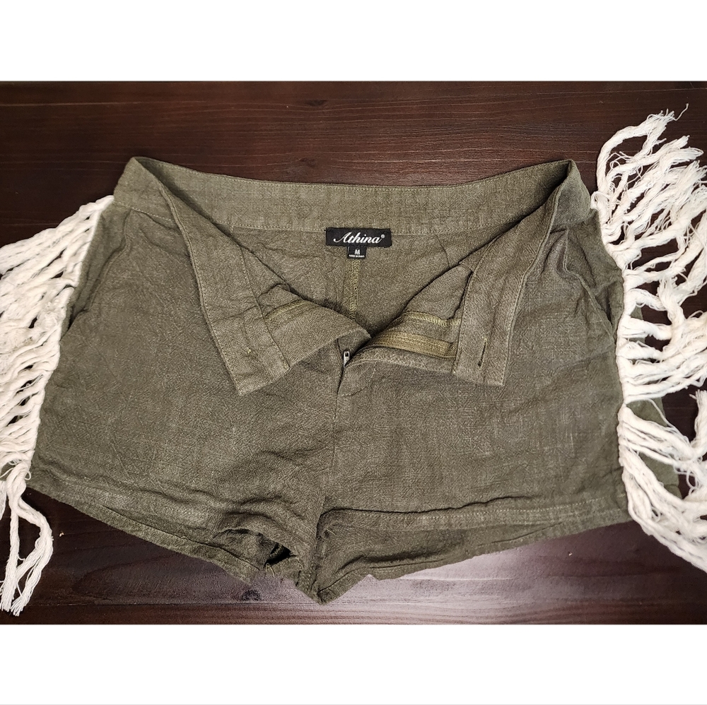 Athina Linen Fringe Shorts Olive Size M Western Boho Festival Stagecoach Cowgirl